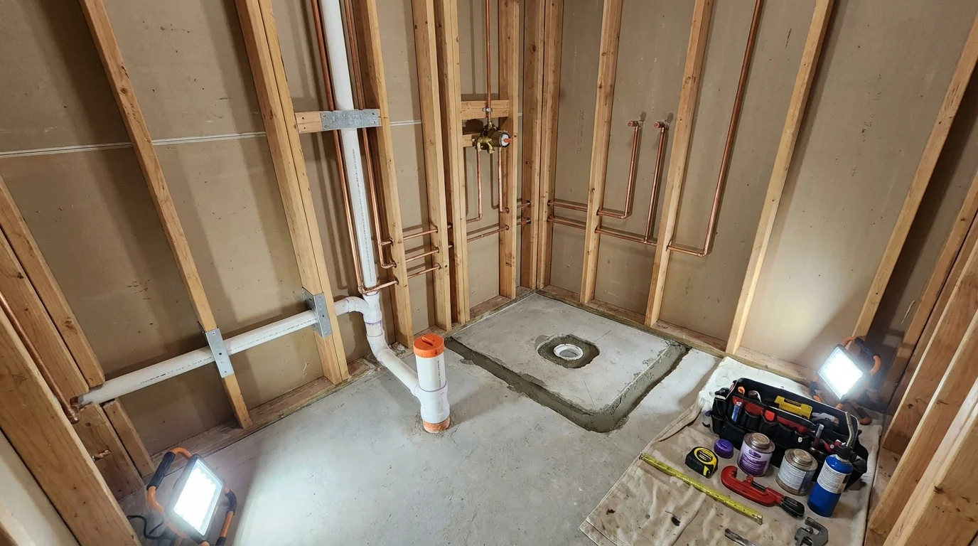 Bathroom rough-in plumbing during remodel by Johns Plumbing LLC in Premont