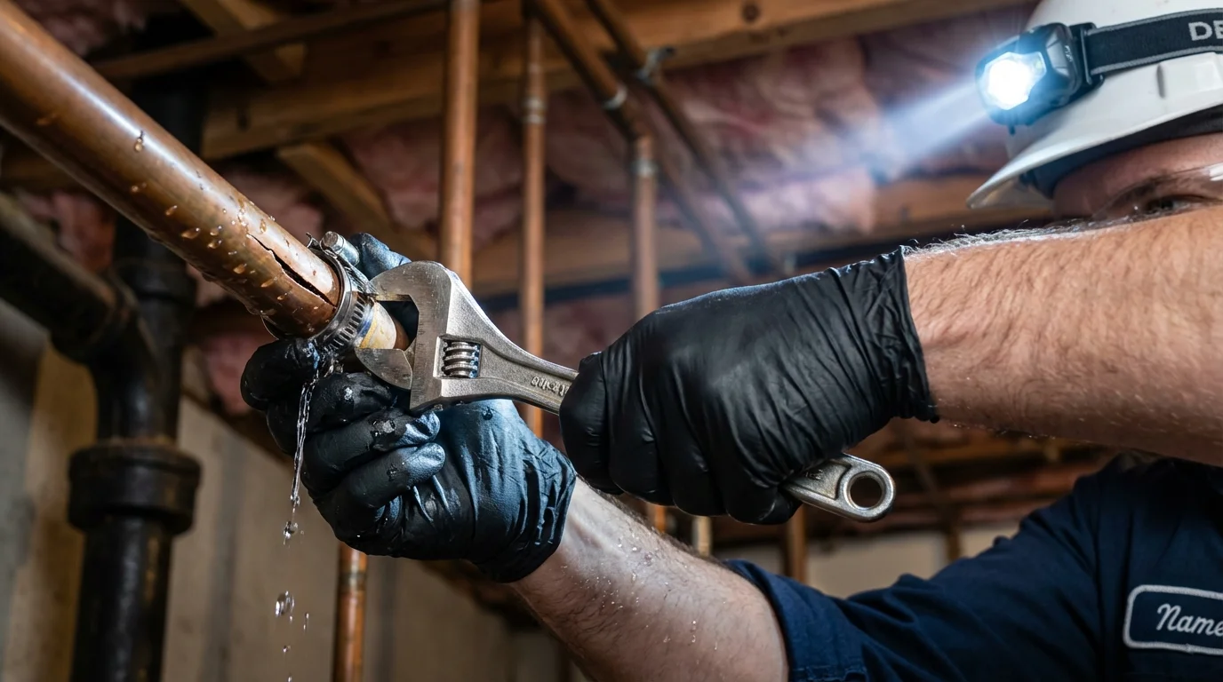 Emergency pipe clamp repair being performed by a Johns Plumbing LLC plumber in Premont