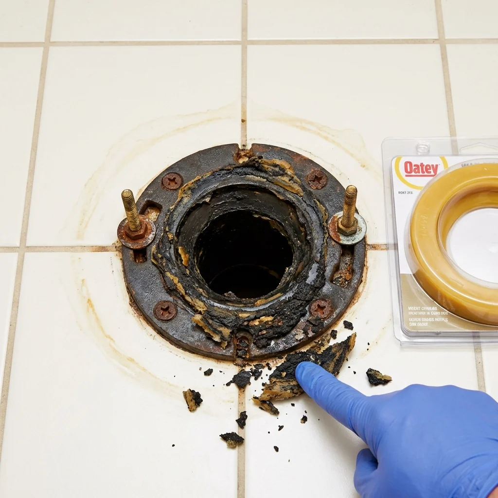 Failed wax ring showing water seepage at the base of a toilet in a Premont, TX home