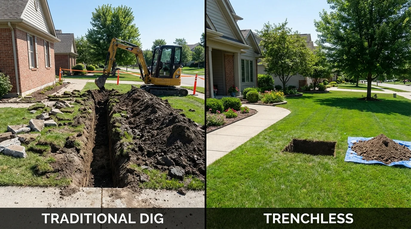 Trenchless sewer repair with minimal yard damage versus traditional excavation in Premont, TX