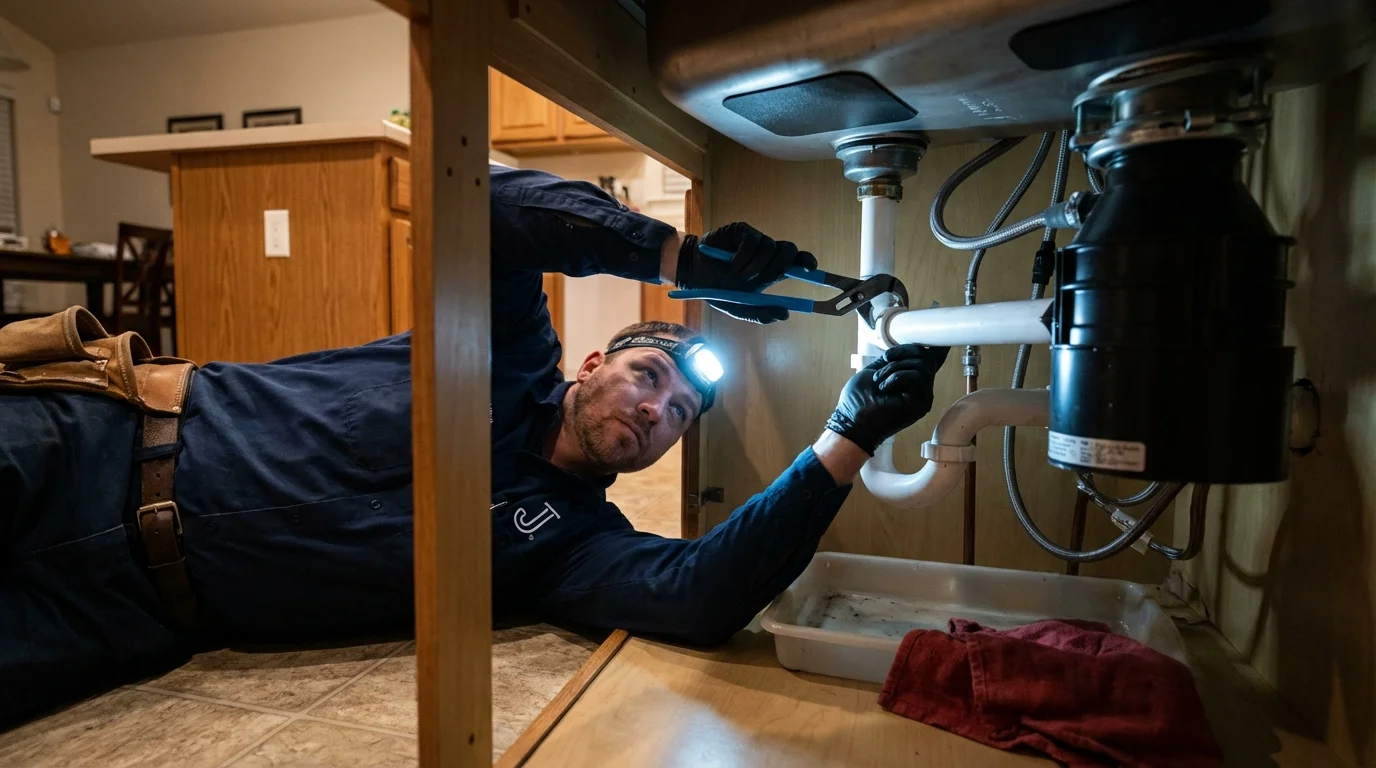 P-trap and supply line connections under a kitchen sink showing a common leak point in Premont, TX
